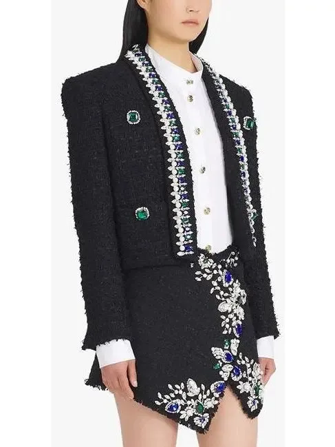 Women’s Black and Multicolor Tweed Spencer Jacket with Jewel Embroideries