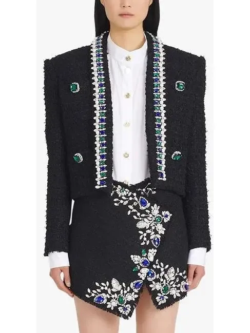 Women’s Black and Multicolor Tweed Spencer Jacket with Jewel Embroideries