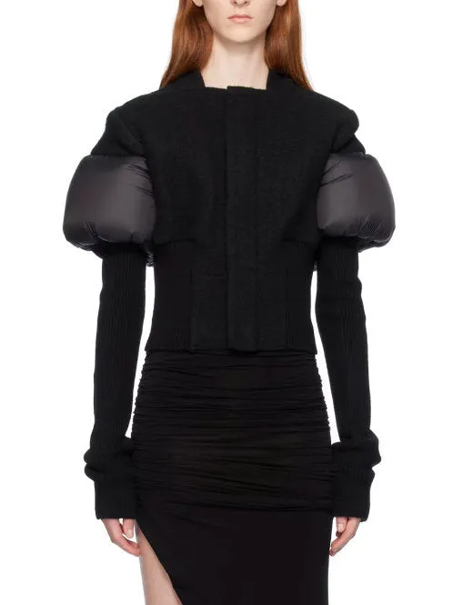 Women’s Cropped Padded Paneled Ribbed Knit Jacket in Black