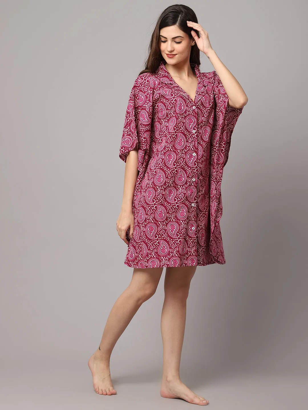 Women's Floral Print Short kaftan-Dark Pink