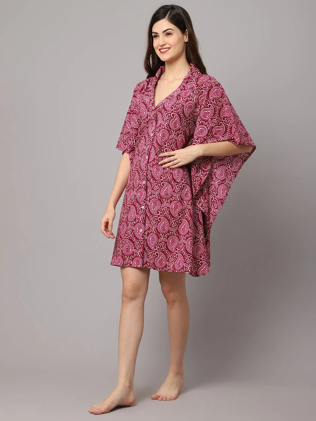 Women's Floral Print Short kaftan-Dark Pink