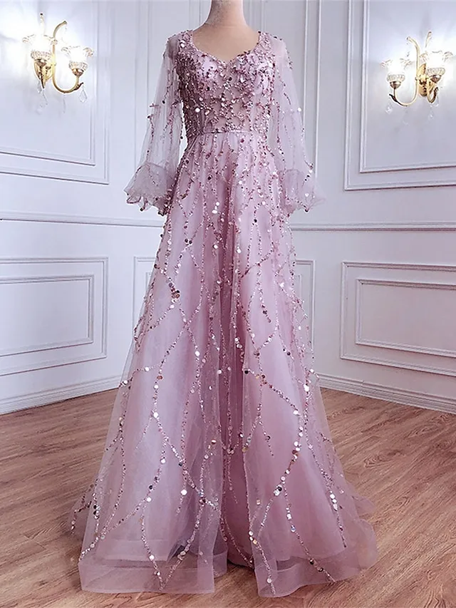 Women's Prom Dress Party Dress Sequin Dress Long Dress Maxi Dress Pink Gold Green Long Sleeve Pure Color Sparkly Glitter Sequins Spring Fall Winter V Neck Fashion Winter Dress Wedding Guest