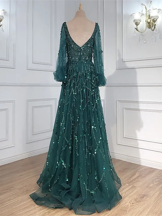 Women's Prom Dress Party Dress Sequin Dress Long Dress Maxi Dress Pink Gold Green Long Sleeve Pure Color Sparkly Glitter Sequins Spring Fall Winter V Neck Fashion Winter Dress Wedding Guest